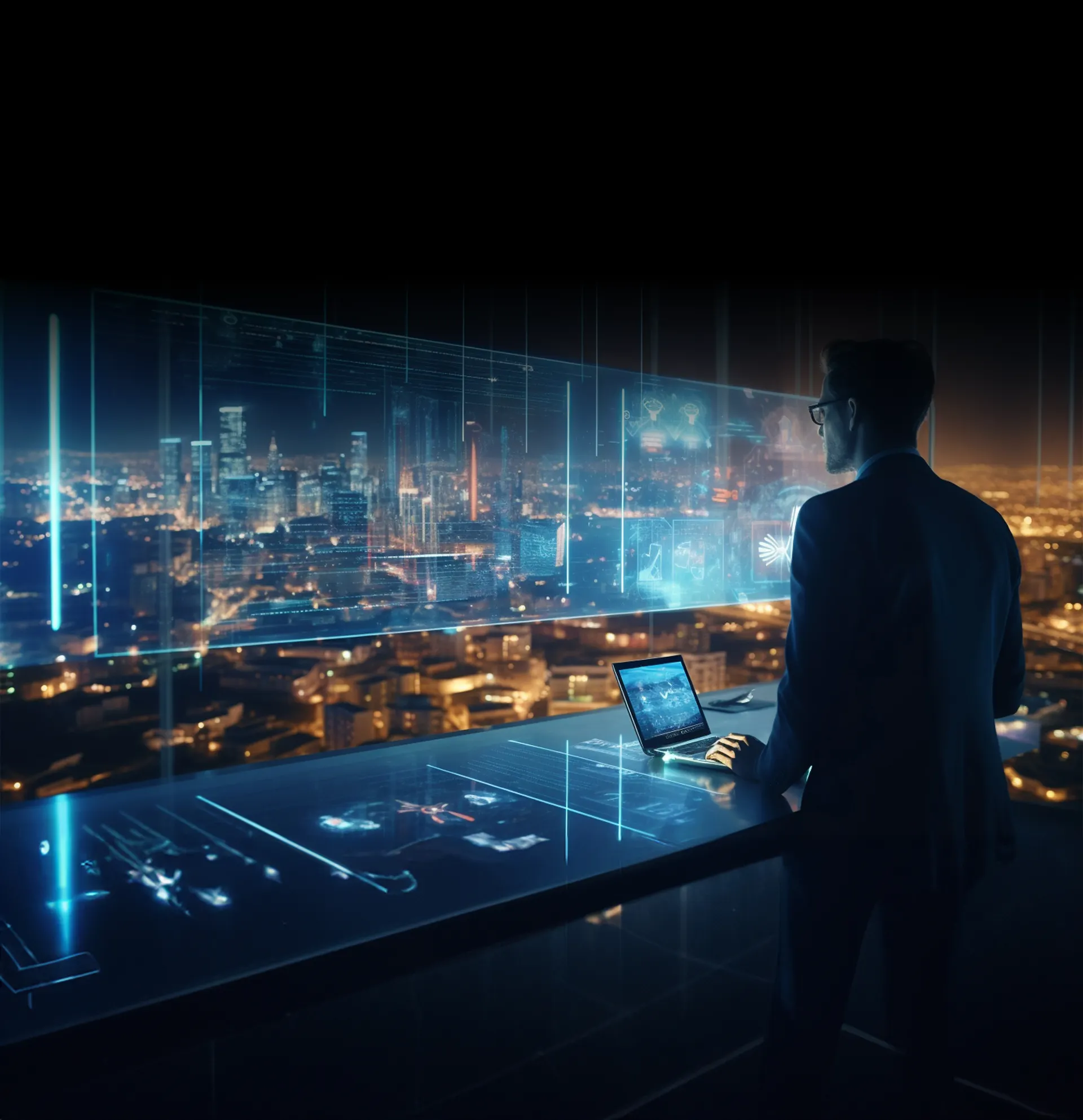 Data professional viewing digital dashboard, symbolizing data modernization, analytics, and transformation